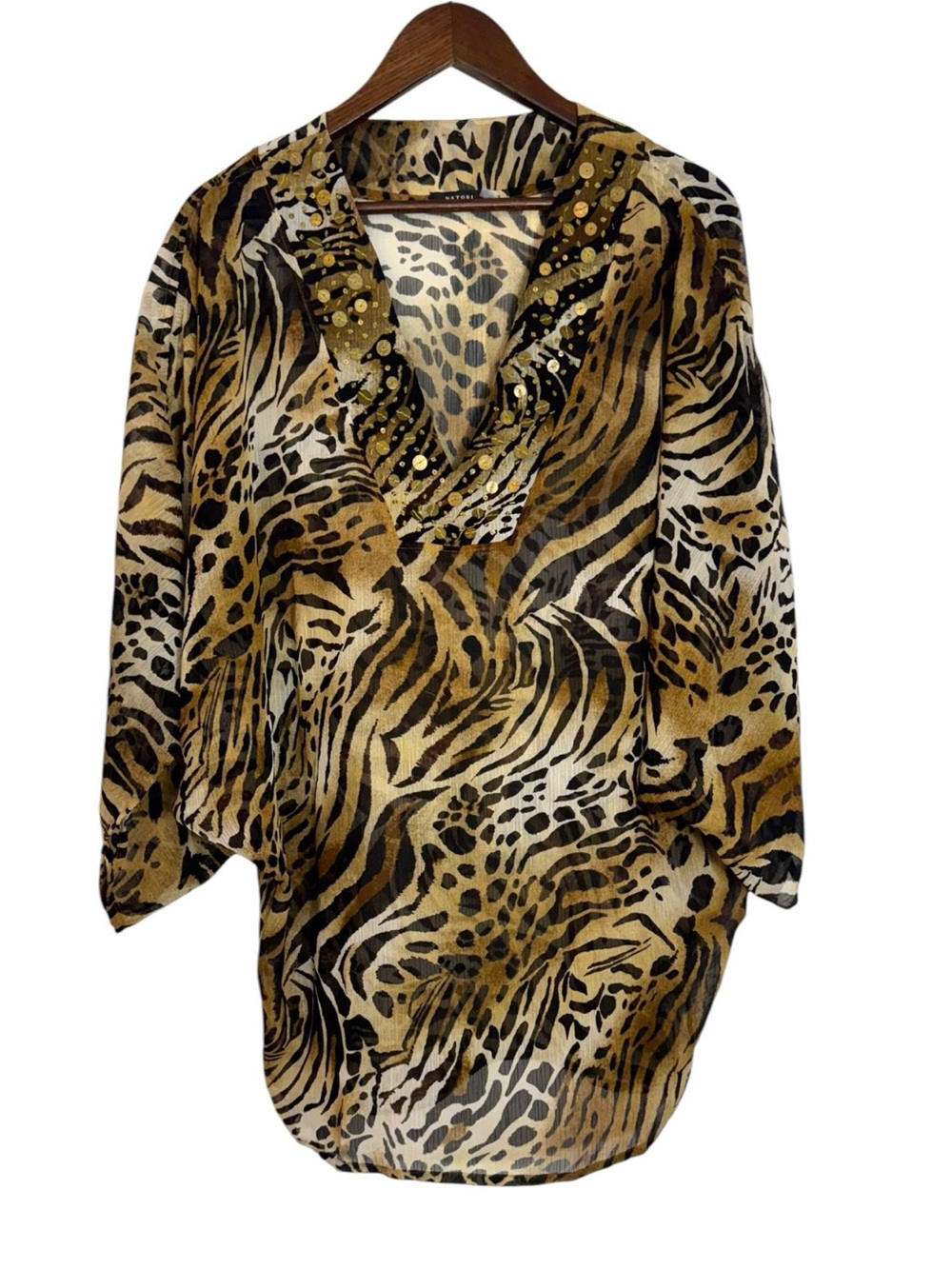 Natori Animal Print V-Neck Kaftan Cover Up Embellished Trim Resort Wear Small